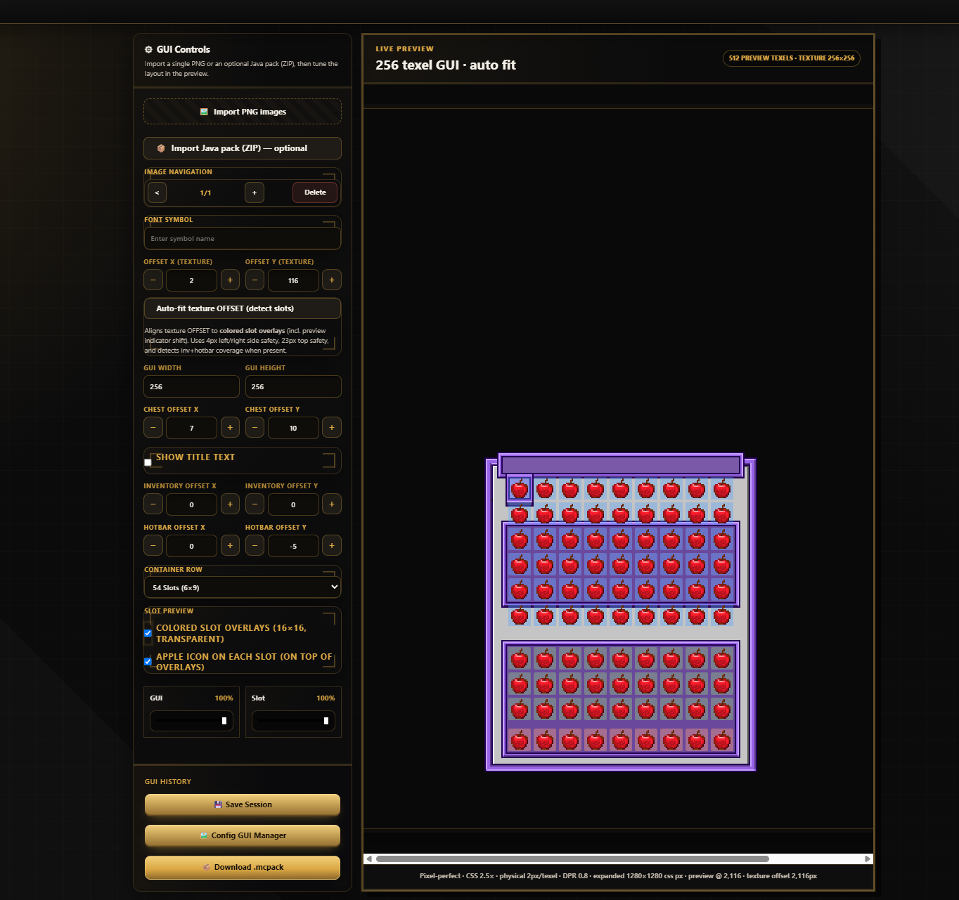 GUI Maker: controls panel and live 256-texel preview with slot overlays